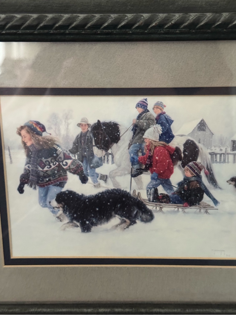 Robert Duncan ‘91 Art Print Dogs & Children Sledding Matted, Framed “Celebration
